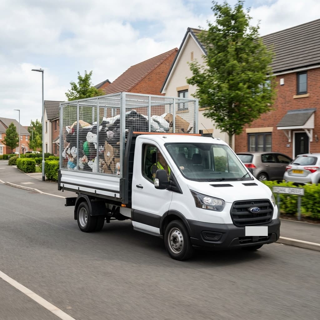 A caged Van-Go tipper van being loaded with household waste.