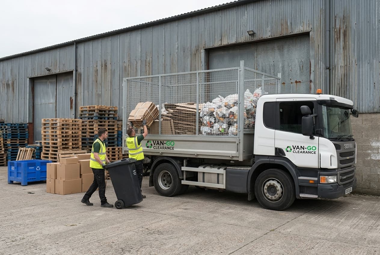A Van-Go Clearance caged tipper being loaded with sorted business waste at a recycling depot