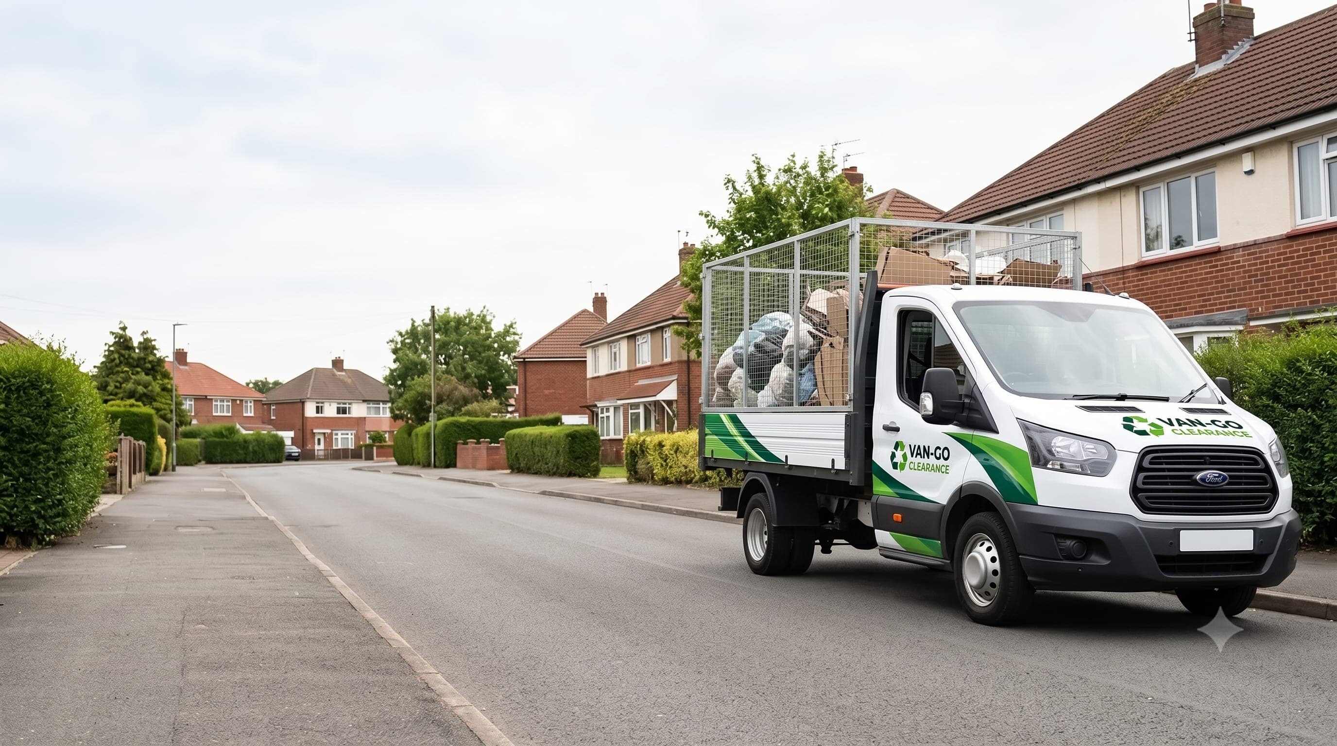 A Van-Go caged tipper loaded with household waste on a residential UK street